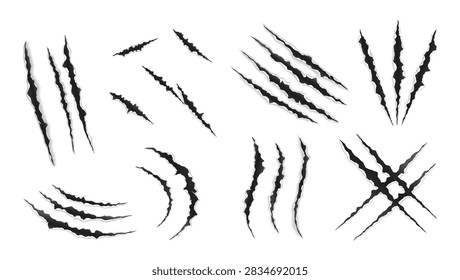 Claw marks scratches vector set. Animal claw scratch, monster nail rip and tear on white background. Realistic beast damage textures for horror, tiger and Halloween design elements collection