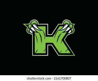 Claw mascot sport logo design. Letter K with scratch animal mascot illustration logo.