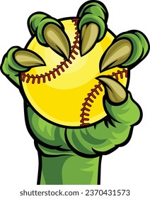 A claw monster talons hand holding a softball ball