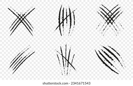 Claw Scratch Collection. Grunge Texture Stripe Slash Set. Animal Nails Trace, Tiger or Cat Talon. Monster Mark. Abstract Design Element on Transparent Background. Isolated Vector Illustration.