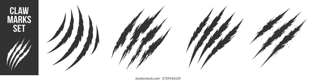 Conjunto de marcas de arañazo de garra, colección de daño de corte grunge, abstracto rasgado rasguños siluetas de Vector sobre fondo transparente
