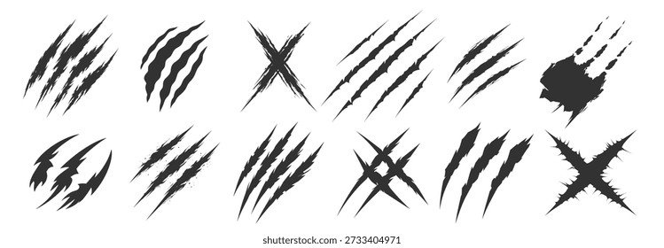 Conjunto de marcas de arañazo de garra, colección de daño de corte grunge, abstracto rasgado rasguños siluetas de Vector sobre fondo transparente
