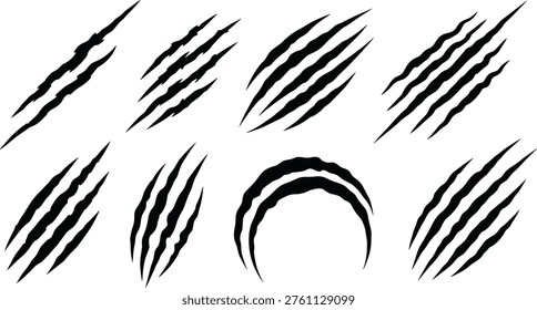 Claw scratch marks, solid silhouette vector illustrations, wild animal rip symbols, monster predator slash signs, tiger attack graphics, horror design elements, sharp talon wounds