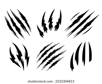 Kratzer-Markierungen Vektor-Symbol-Set (eps). Kratzer der Tierkralle, die Tiger, Bär, Wolf usw. widerspiegeln und die Gefahr eines Wildtierangriffs widerspiegeln. konzeptionelle Illustration der Wildnis. Tierkrallenriss