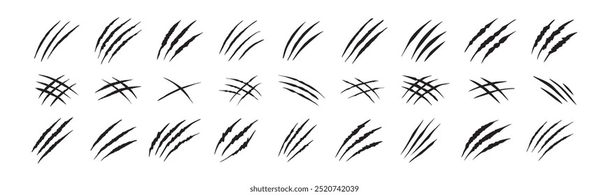 Claw scratches isolated. Black Bear tiger claws trails, animal scratched white paper. Flat scratch marks, racy wild beast tracks clipart. Vector illustration