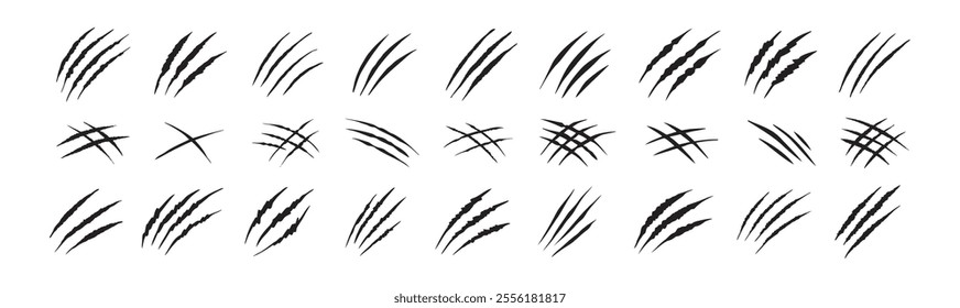 Claw scratches isolated. Black Bear tiger claws trails, animal scratched white paper. Flat scratch marks, racy wild beast tracks clipart. Vector illustration