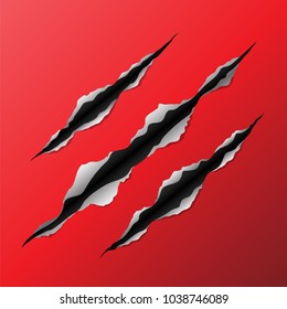 Claw scratches on red background. Vector illustration.