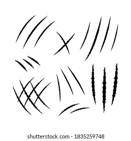 La silueta de arañazos de cielorraso establece la ilustración vectorial aislada en el fondo blanco. Marcas de uñas zombis. Pistas de papel dañadas.