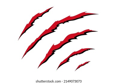 Claw scratches of wild animal. Red cat scratches marks isolated in white background. Monochrome vector illustration