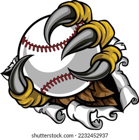 A claw with talons holding a baseball ball. Could be a monster like a dragon or dinosaur or perhaps bird like an eagle or hawk. Ripping or tearing through the background.