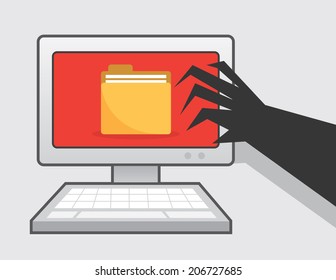 Clawed hand reaching for computer with folder icon 