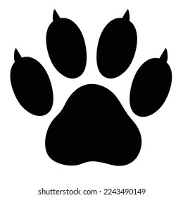 Clawed paw, animal paw with claws, flat style black vector icon illustration print isolated on white background.