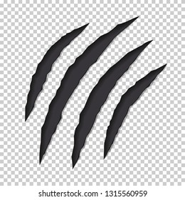 Claws monster scratches on a transparent background. Сoncept of predator attacks. Vector illustration. Diagonal trace of four claws tearing the image on the screen. Realistic destruction design.