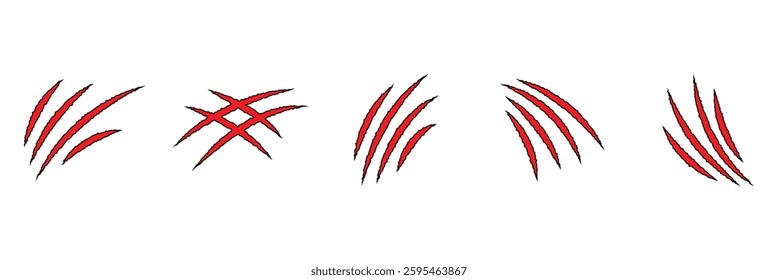 Claws scratches icon. Red scrape of animals scratches collection. Ripped scratches icon, Flat scratch marks, racy wild beast tracks clipart. Vector illustration.