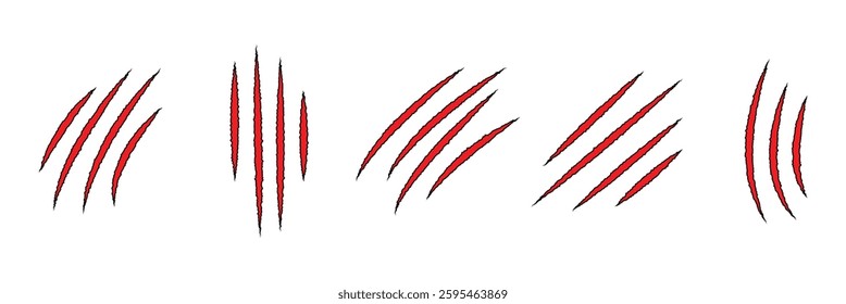 Claws scratches icon. Red scrape of animals scratches collection. Ripped scratches icon, Flat scratch marks, racy wild beast tracks clipart. Vector illustration.