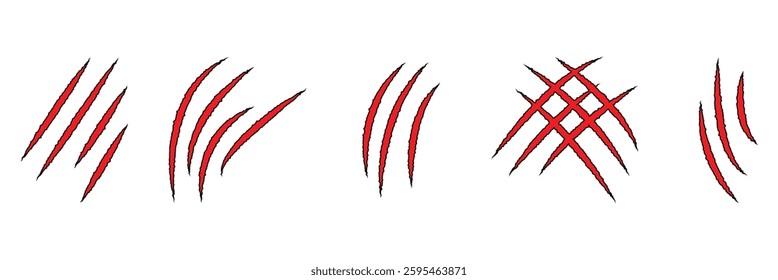 Claws scratches icon. Red scrape of animals scratches collection. Ripped scratches icon, Flat scratch marks, racy wild beast tracks clipart. Vector illustration.