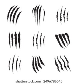 Claws scratches icons set. 9 claws scratches icons. Detailed scratch claws print for t-shirt, banner, logo design. Black scratches from animal claws isolated on white background. Vector illustration