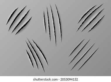 Claws scratches isolated. Wild animal nails rip, tiger, bear or cat paws shreds on gray background. Lion, monster or beast break, claws scratch traces, realistic marks on paper. Vector illustration