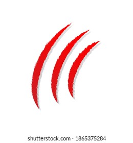 Arañazos de garra. Símbolo de la garra del depredador rojo. Signo de sangre. Ilustración vectorial aislada en blanco.