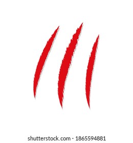 Arañazos de garra. Símbolo de la garra del depredador rojo. Signo de sangre. Ilustración vectorial aislada en blanco.