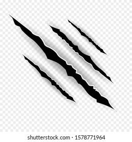 Claws scratches - vector isolated on transparent background.   Shredded paper.Halloween monster, horror marking vector scratching set. 