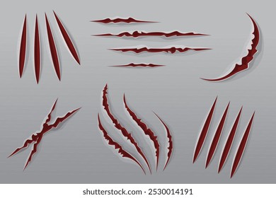 Krallen kratzt Vektorsatz. Illustration des Lochs im Papier. Kollektion von Halloween gruseligen Design-Elementen. Klauenkratzer des Bären, der Katze oder eines anderen wilden Tieres. Textur aus gerissenem Papier.
