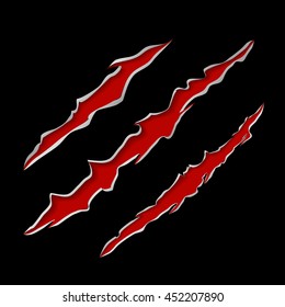 Claws scratching animal trails with red blood under skin vector lllustration with black dark background