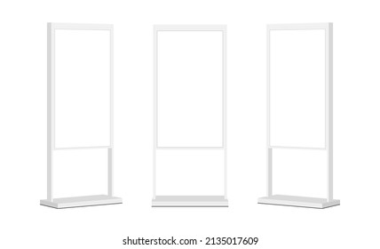 Clay Advertising Display Screen Mockup. White Blank Digital Signage, Front and Side View. Vector Illustration