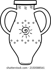 Clay African vase. Antique tableware. Vector cartoon illustration page or book for kids and adults