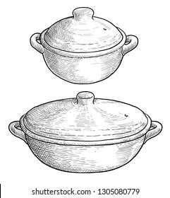 Clay Baking Pot Illustration, Drawing, Engraving, Ink, Line Art, Vector

