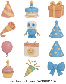 Clay Birthday Party Icons - Cute 3D Celebration Elements Set