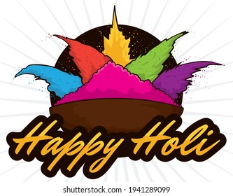 Clay bowl with colorful powders like explosion, ready for a happy Holi celebration.