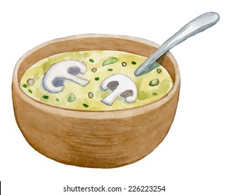 clay bowl and mushroom cream soup    healthy food   watercolor vector drawing