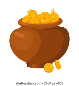 Se aísla un caldero de arcilla con monedas de oro. Imagen vectorial de un contenedor sobre un fondo blanco. Monedas de oro de los tesoros piratas, la riqueza duende de una forma de riqueza. Una gran caja de monedas