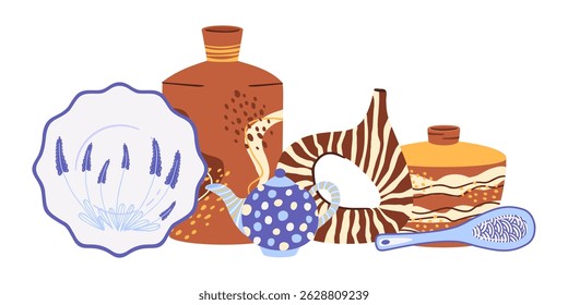 Clay ceramic crockery. Decorative ceramic tableware, kitchen pottery, plates, dishes and vases flat vector illustration. Cartoon tableware collection