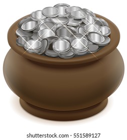 Clay ceramic pot with silver coins. Isolated on white vector illustration