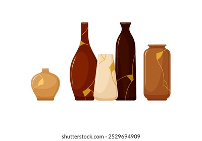 Jarrones de arcilla cerámica reparados con laca de oro. Cerámica de barro, vasijas y jarras de kintsugi. Antigua cerámica rota y jarrones con grietas de oro, ilustración de dibujos animados de Vector aislado sobre fondo blanco