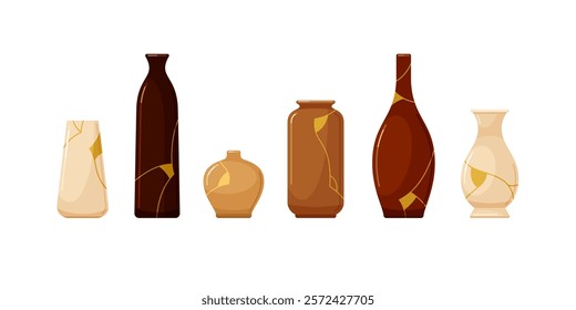 Clay ceramic vases repaired with gold lacquer. Earthenware pottery, vessels and kintsugi jugs. Old broken pottery and vases with gold cracks, vector cartoon illustration isolated on white background