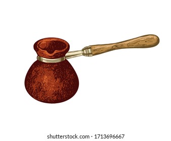 
Clay cezve coffe pot . Hand drawn vector object on a white background. Color vintage sketch.