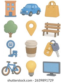 Clay City Life Icons - 3D Urban Elements and Daily Essentials Set