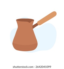A clay coffee pot with a wooden handle sits against a soft light blue backdrop, showcasing its rustic charm and craftsmanship typical of traditional brewing methods.