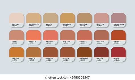 Tonfarbenpalette, Tonfarbenführungspalette mit Farbnamen. Katalog-Samples von Brown Clay mit RGB HEX-Codes und Namen. Beauty und Kosmetik Fashion Trend Skin Color Palette Vektorgrafik Tontöne