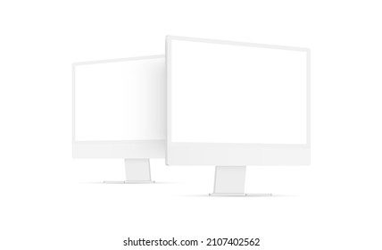 Clay Computer Monitors Mockups With Blank Screens, Perspective Side View, Isolated on White Background. Vector Illustration