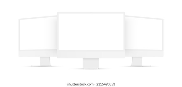 Clay Computer Monitors Mockups, Front and Side View, Isolated on White Background. Vector Illustration