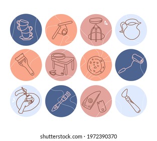 Clay crafting blog or shop.Round hand drawn highlights for social media in doodle style.Pottery modeling and sculpture tools.Instruments in pastel colors. Ceramics workshop banner.Vector