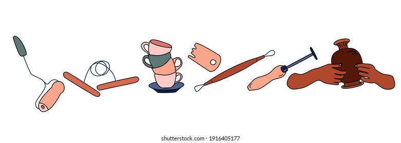 Clay crafting equipment set in doodle style. Pottery making, tools and instruments for workshop. Sculpture art and ceramics production. Handiwork process or hobby.Vector.Horizontal banner