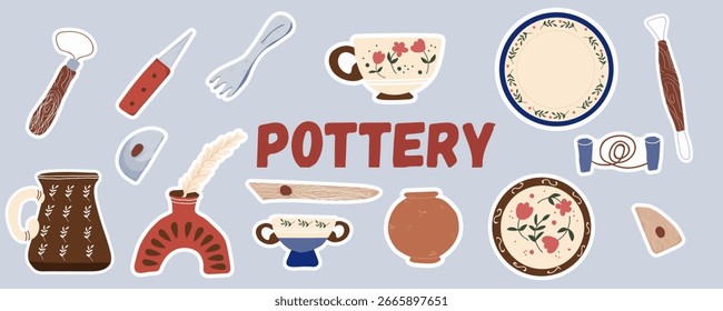 Argila artesanato, coleção de adesivos de cerâmica, conjunto. Ilustração de vetor plana desenhada à mão.