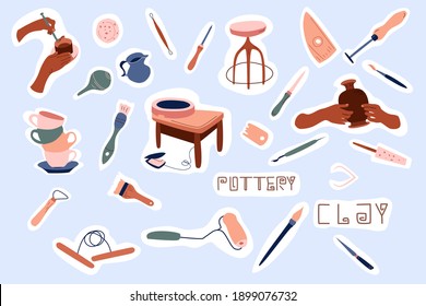 Clay crafting stickers collection. Pottery making, tools and instruments for workshop. Sculpture art and ceramics production.Clip art set for stationery. Handiwork or hobby.Doodle style, vector.