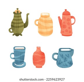 Clay Crockery and Ceramic Utensils as Kitchenware Vector Set
