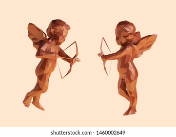 Clay Cupid. Set of Brown Shiny Cupidon on Isolated Background. Low Poly Vector 3D Rendering